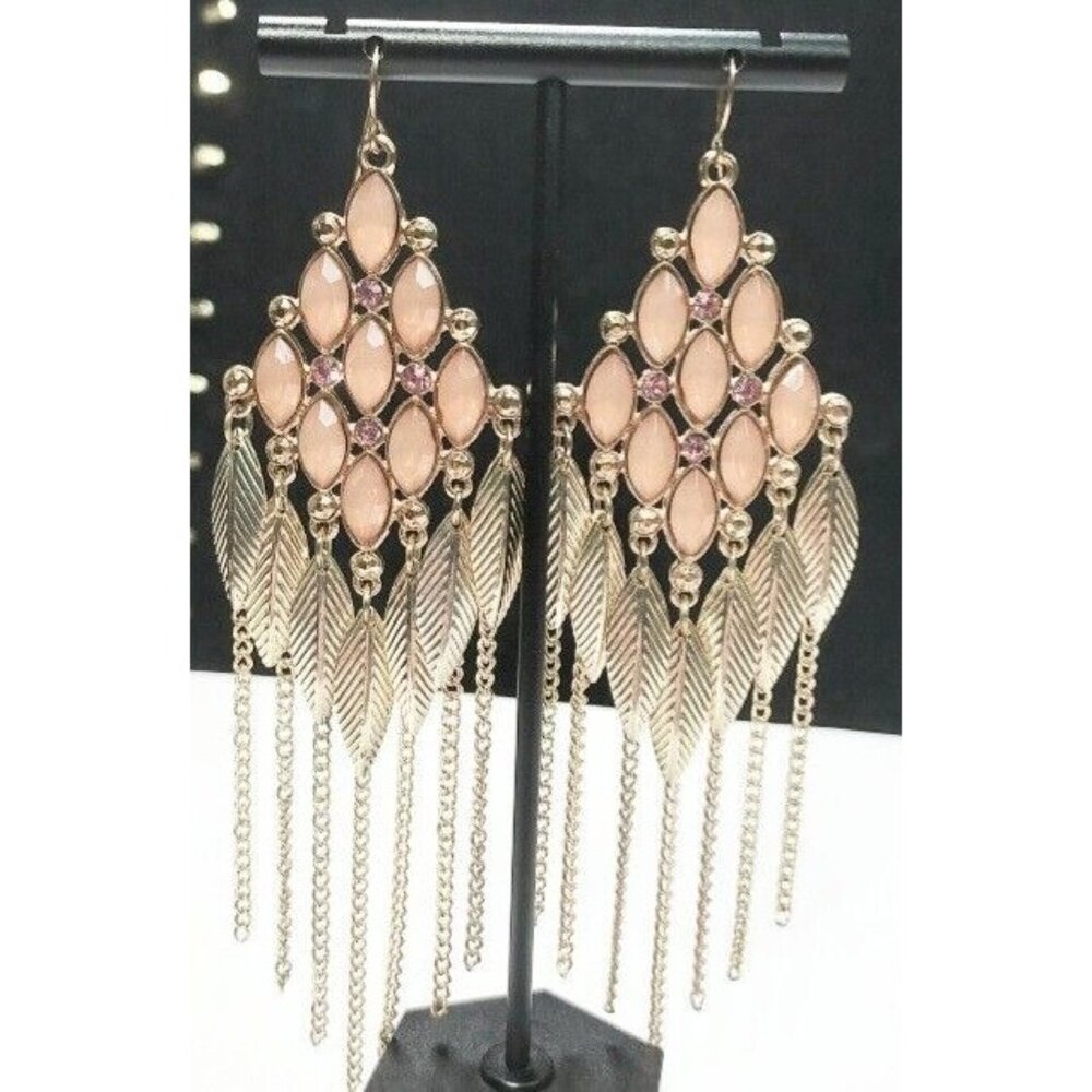 Large Statement Rose Pink Chandelier Gold Plated Leaf Dangle Earrings 5"